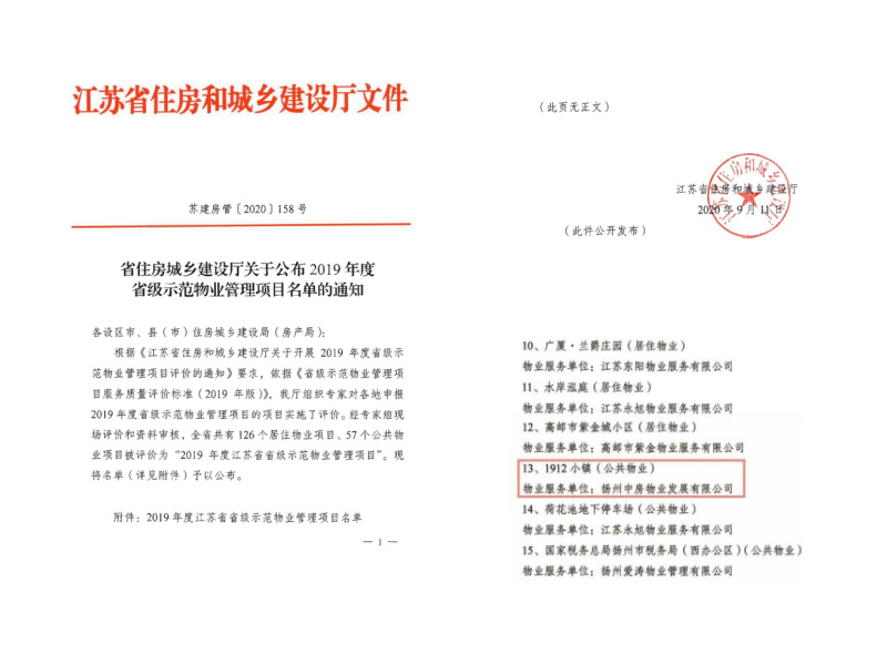 2019年度江苏省省级示范物业管理项目一九一二小镇