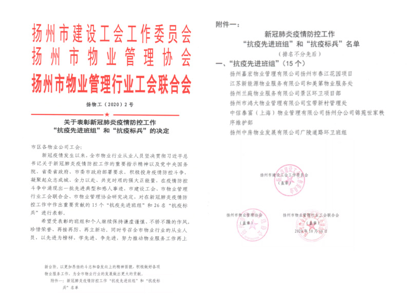 2020年度扬州市物业协会“抗疫先进班组”广陵道路环卫班组